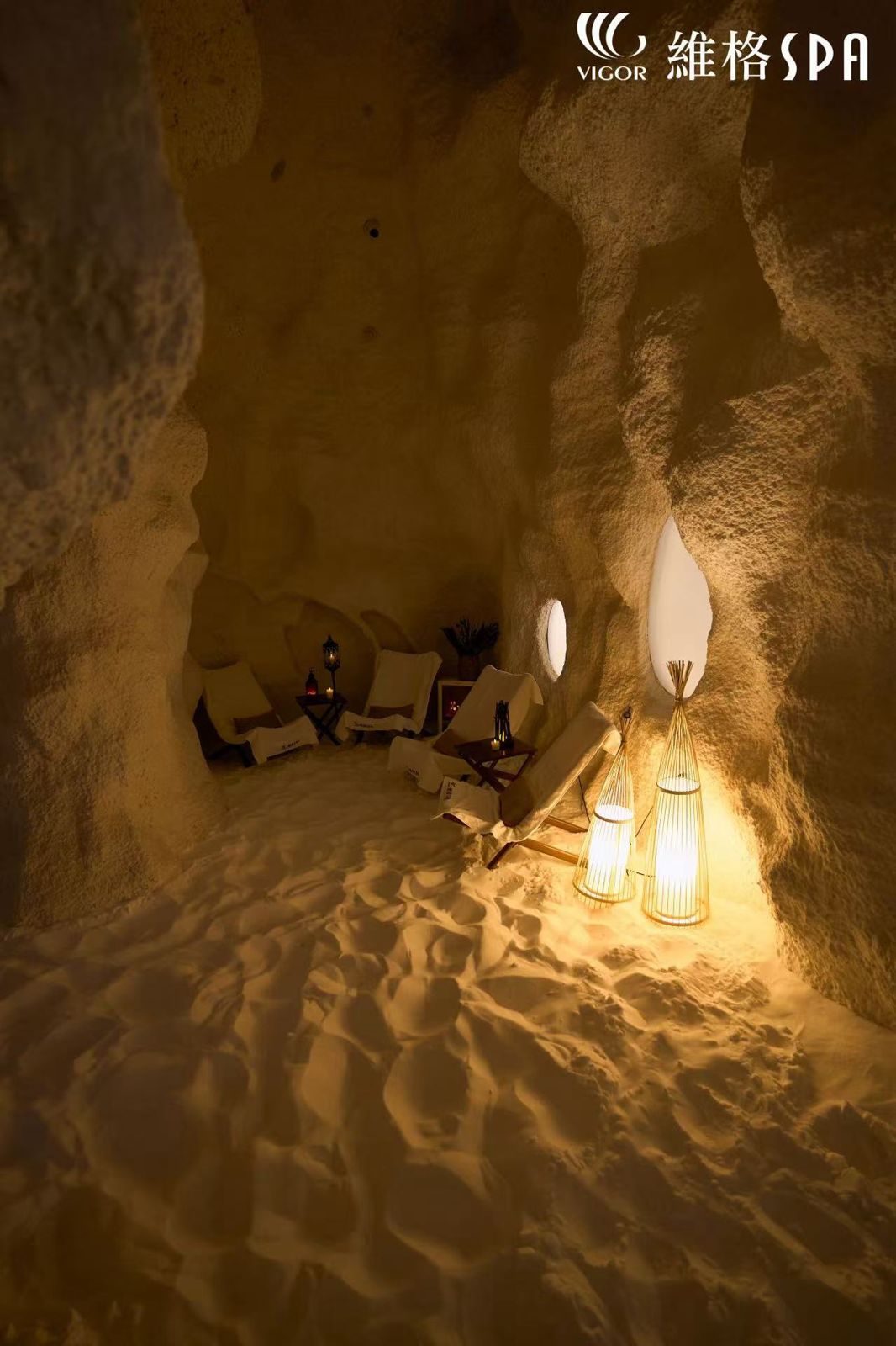 Vigor salt cave breathing therapy room with woven chairs